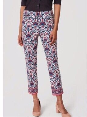LOFT Marisa Cropped Pant Riviera Stretch Paisley Print Pink Blue Size 10